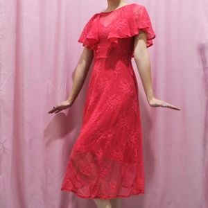 Hot Pink Floral Mesh/Lace Midi Dress (Size 2)